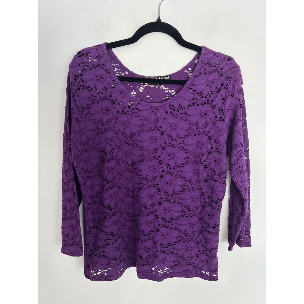 Peck & Peck Womens‎ Purple Floral Lace Scoop Neck 3/4 Sleeve Top XL